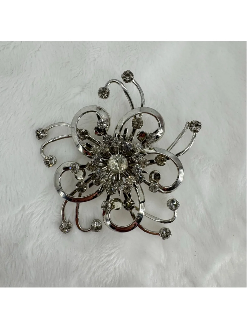 Silver Flower Brooch Pin Rhinestones Vintage Whimsical Midcentury Starburst